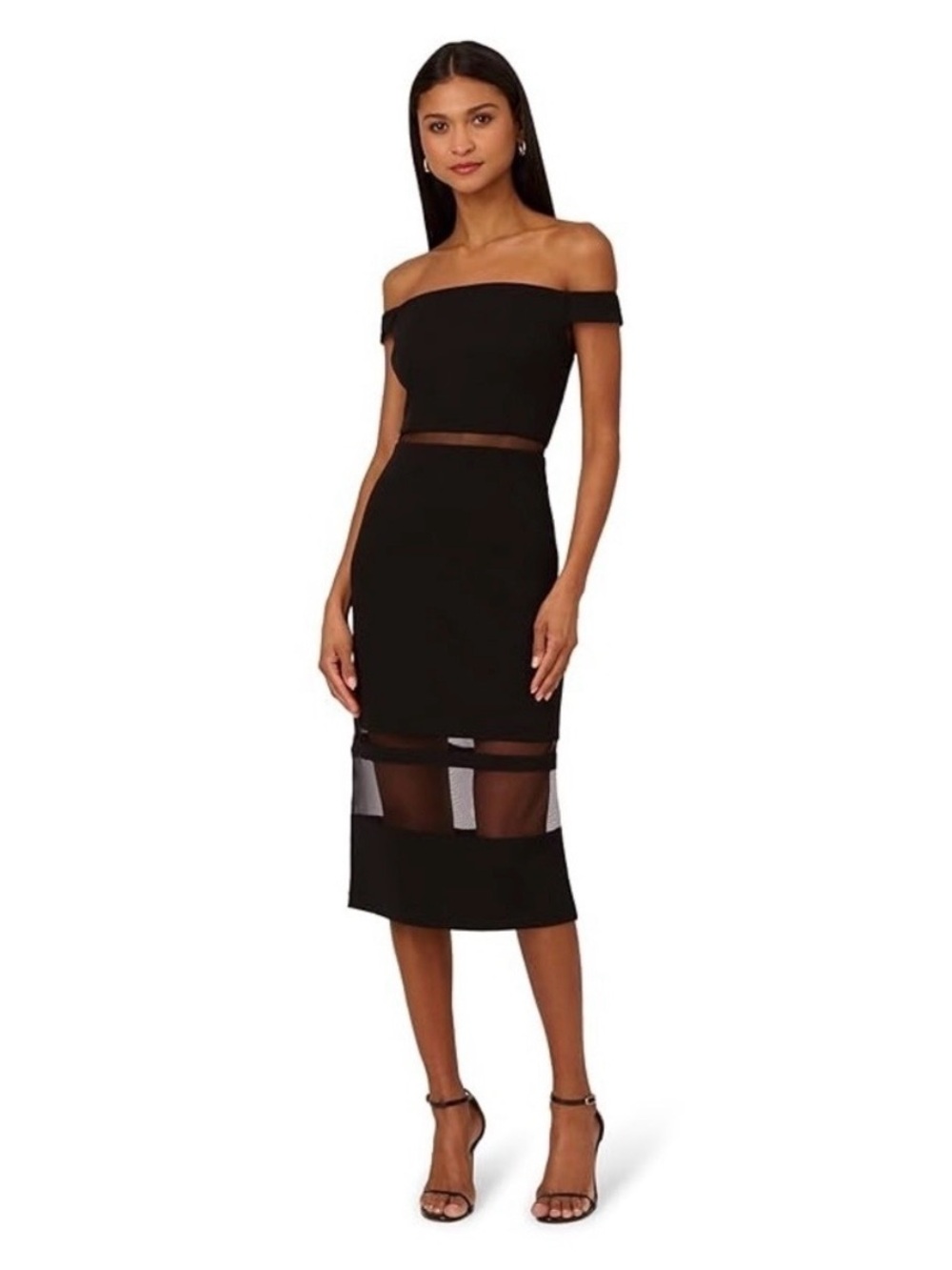 Adrianna Papell Off-Shoulder Midi Dress w/mesh panels
